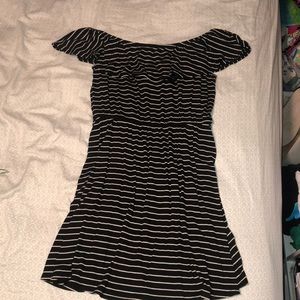 Black and white striped, off-the-shoulder dress